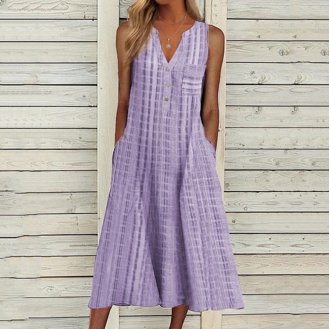 Robe Décontractée pour Femmes Robe Décontractée à Rayures pour Femmes Robe Boutonnée Col en V Sans Manches avec Poche Robe Élégante Longue Robe Robe de Vacances Vêtements pour Femmes Tendance TG Gris