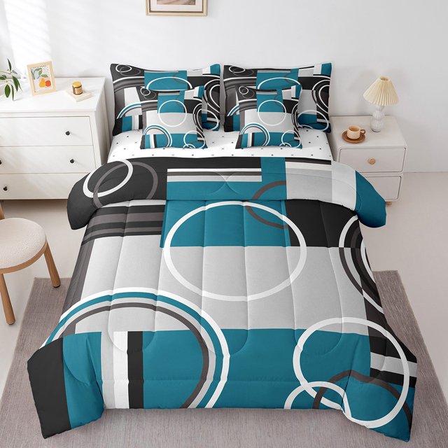 YST Décor Turquoise Moderne Ensemble de Literie 7 Pcs Gris Noir Bleu à Rayures Géométriques Ensemble de Couette Format Simple Rétro Cercles Tourbillons Ensemble de Literie Moderne Texture Abstraite Couleur Art Drap Plat Drap-Housse