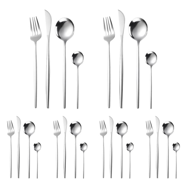 Agiferg 24 Piece Stainless Steel Cutlery Set for 6 people, including spoons, knives, and forks with a polished finish. The set features smooth edges and an elegant design, suitable for lunch, dinner, coffee, tea, desserts, and snacks. Includes 6 sets of tableware with sizes: knife 22cm, fork 21.5cm, large spoon 20.5cm, and small spoon 13.1cm.