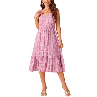 INSPIRE CHIC Women's Summer Boho Beach Dresses V Neck Sleeveless Floral Flowy Tie Midi Casual Sundress M Pink