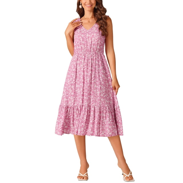INSPIRE CHIC Robe d'Été Bohème de Plage pour Femme, Col en V, Sans Manches, Florale, Fluide, à Nouer, Midi, Décontractée, Robe Soleil, TG, Rose