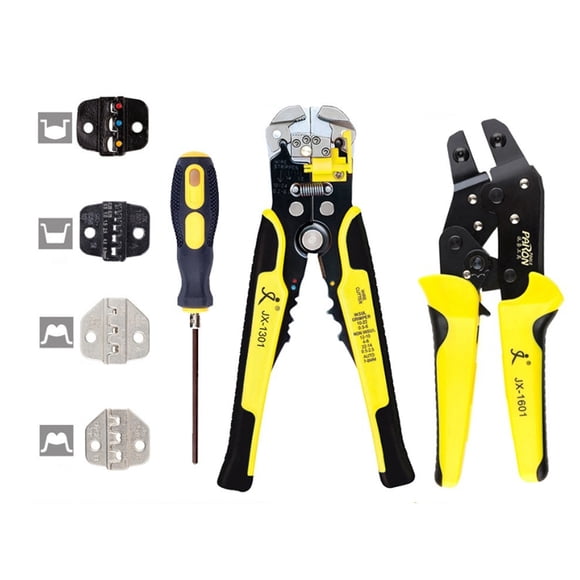 JX-D4301 4-in-1 Multi-Functional Wire Tool Kit: Self-Adjustable Ratchet Crimper with 4 Interchangeable Terminals (24-10 AWG/0.2-6.0mm²) & Wire Stripper, High-Carbon Steel & Alloy Construction,
