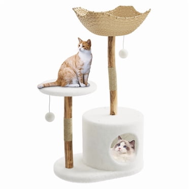 46-Inch Cat Tree Tower for Large Cats - Modern Cat Tree with Wooden & Rattan Scratching Post, Comfortable Bed, Stylish Pet Furniture for Indoor Use
