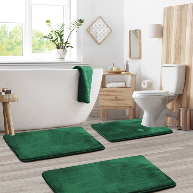 Set of 3 Clara Clark Bath Mat Bathroom Rug - Absorbent Memory Foam Bath Rugs - Non-Slip, Thick, Cozy Velvet Feel Microfiber Bathrug - Hunter Green - Large 20"x32" - Small 17"x24" - Contour 24"x20"