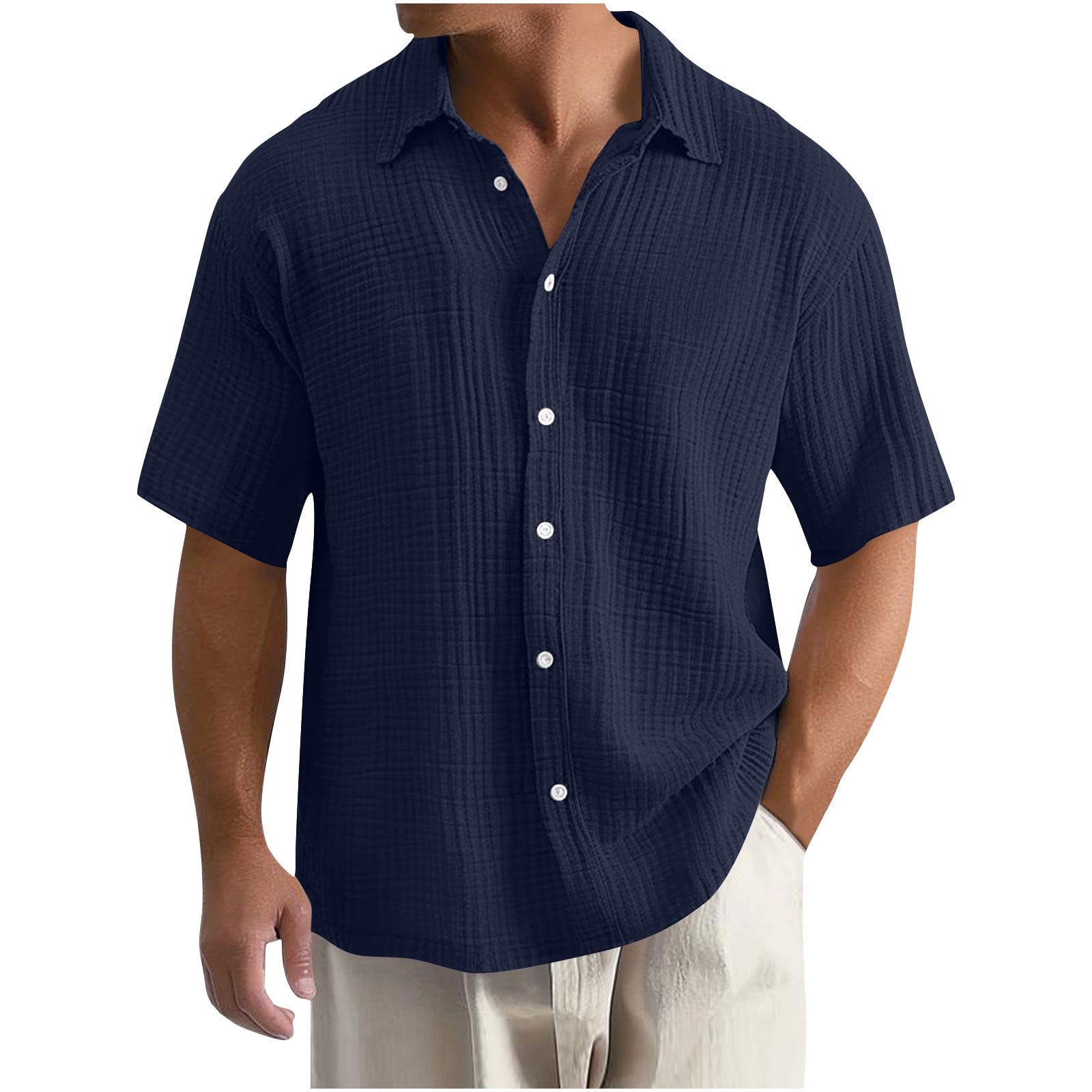 Kaemgyyd Mens Button down Shirt Lightweight Summer Beach Vacation Tops Casual Loose Textured Solid Color Half Sleeve Tee