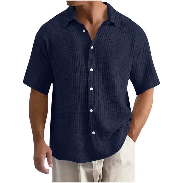 Kaemgyyd Mens Button down Shirt Lightweight Summer Beach Vacation Tops Casual Loose Textured Solid Color Half Sleeve Tee
