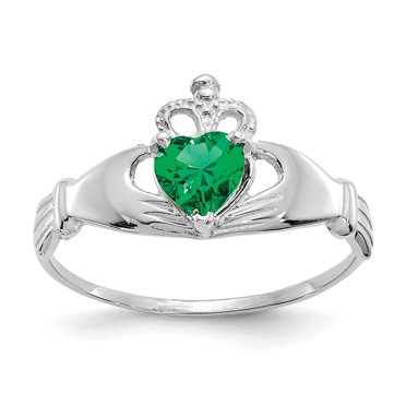 Bague en Or Blanc 14K CZ May avec Pierre de Naissance Claddagh Cœur