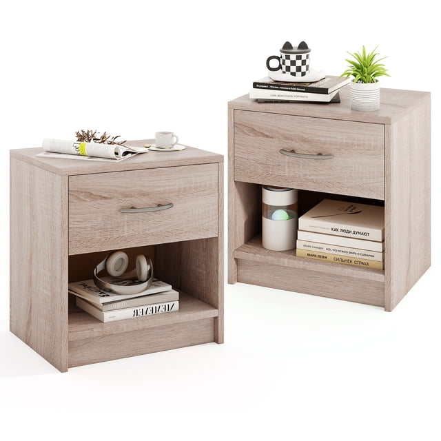 Gymax 2 PCS Nightstand with Drawer, featuring a natural wood finish, a slide-out drawer with a handle, and an open storage shelf. Each nightstand measures 15'' x 11'' x 16'' and is made of engineered wood and HDF. The spacious tabletop accommodates decor items, while the open cubby and drawer provide ample storage for books, magazines, and personal items. Anti-slip pads on the base ensure stability and floor protection. Suitable for bedrooms, living rooms, or studies.
