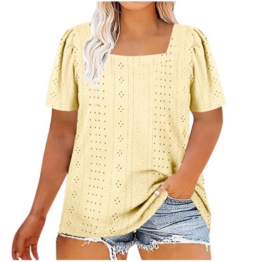 Scyoekwg Hauts pour Femmes Grande Taille Col Carré Manches à Volants Élégantes Chemises à Œillets Couleur Unie Manches Courtes T-Shirts Tendance Été Décontracté Blouses Amples T-Shirt (Jaune,TTTG)