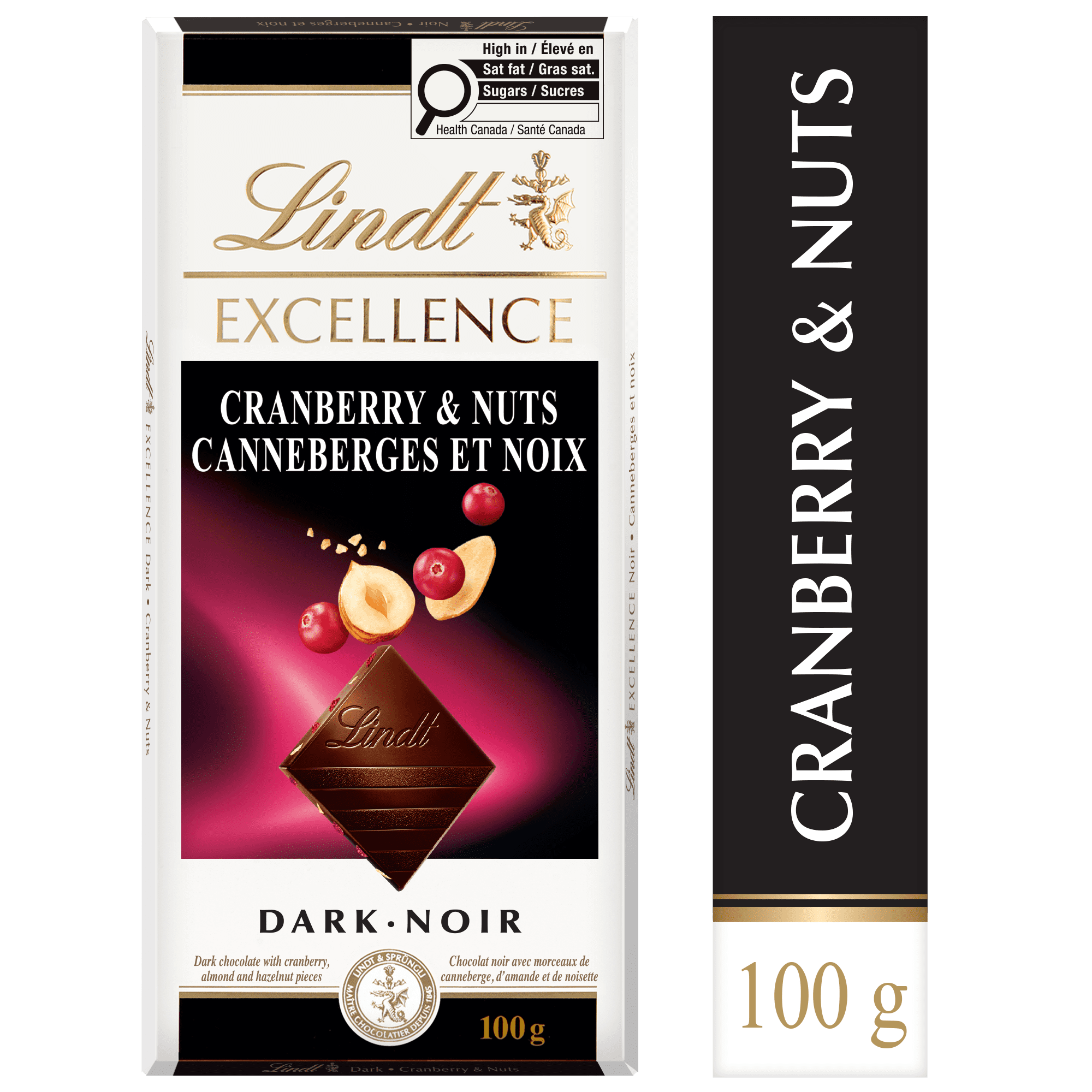 Chocolat noir Lindt EXCELLENCE avec canneberges et noix Barre, 100 g