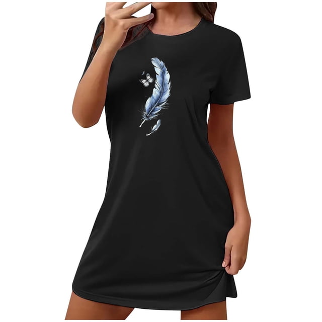 Mrat Pyjama en Coton pour Femmes Chemise de Nuit Courte Surdimensionnée pour Femmes Mode Imprimé sur la Poitrine Robe de Nuit à Manches Courtes P-86 Noir P