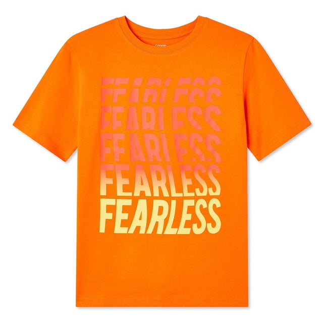 George Boys' Graphic Tee in bright orange with short sleeves and crew neckline, made of soft 100% cotton jersey knit. It features a front graphic print of the word 'FEARLESS' repeated in a pink to yellow gradient and a straight hem, suitable for casual wear with jeans or shorts.