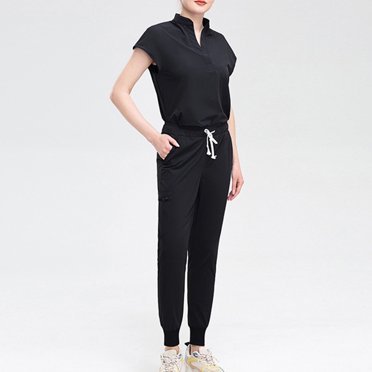 UPPADA Ensemble de Sarrau Deux Pièces pour Femmes, Haut de Sarrau à Manches Cap, Col en V et Ensemble de Sarrau Jogger Extensible avec Poches Régulières, Uniforme Médical Classique pour Soins Infirmiers, Ensemble de Sarrau Noir, TTG
