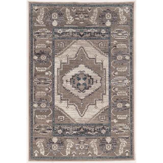 Vintage Serape Beige & Blue 2' x 3' Accent Rug with a rectangular shape featuring a central geometric medallion in beige and blue, surrounded by vintage-style distressed patterns in cool muted tones, made from soft microfiber polyester with a short pile and slight sheen, ideal as an area rug or accent piece for dining and entertaining spaces.