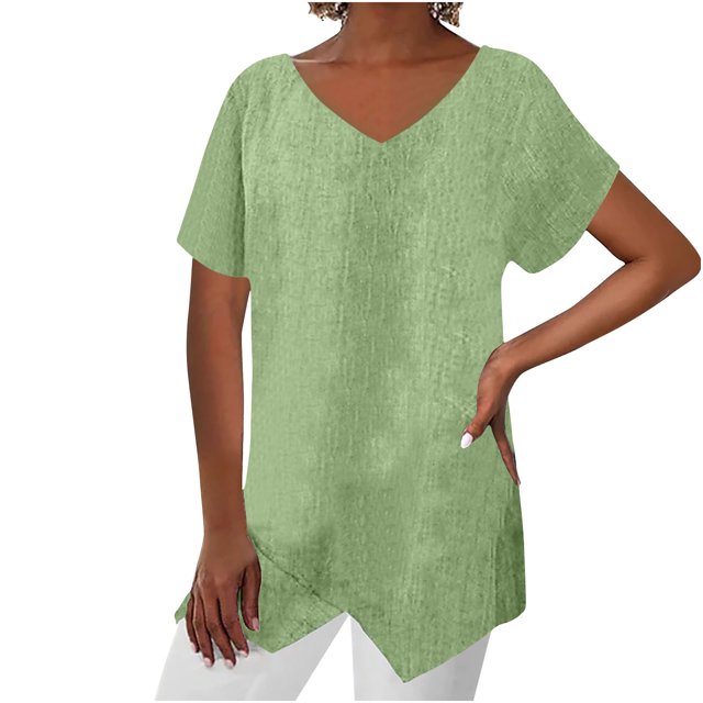 Timegard Tops for Women Cotton Linen V Neck Short Sleeve Irregularly Tee Casual Solid Color Lightweight