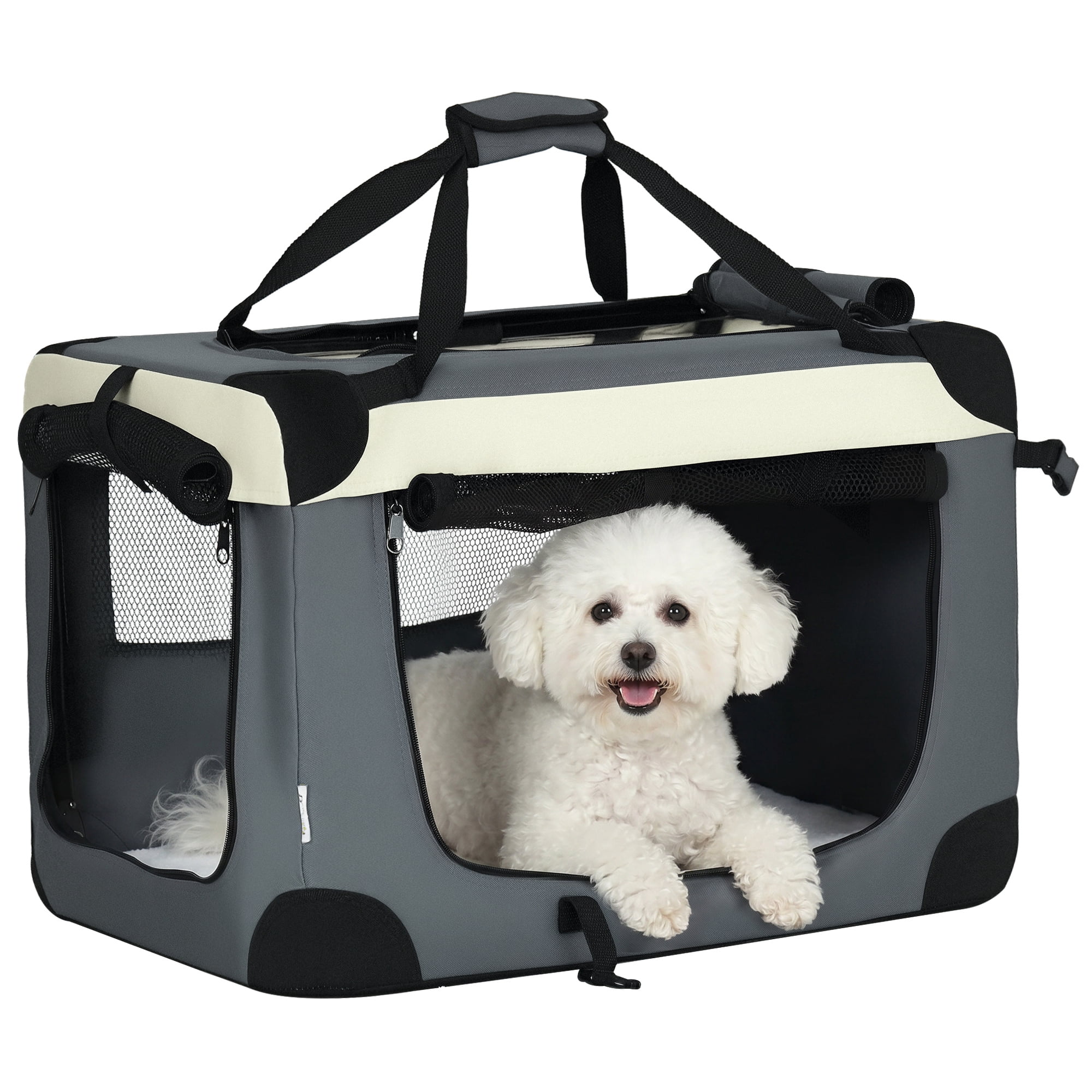 PawHut 24" Foldable Pet Carrier, Portable Cat Carrier w/ Removable Mat Grey
