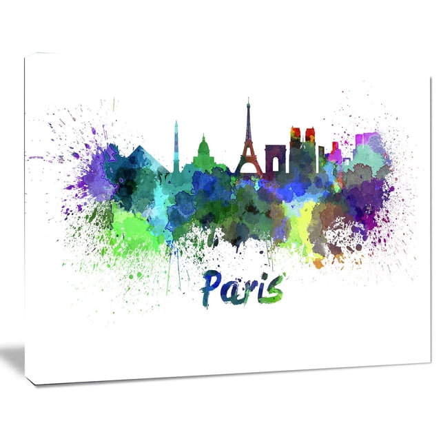 Design Art Paris Skyline Canvas Print with a vibrant watercolor splash silhouette of Paris landmarks including the Eiffel Tower, Arc de Triomphe, and Notre Dame, printed on high-quality cotton canvas and gallery wrapped on a 1-inch wood frame, ready to hang with included hardware, ideal for home or office wall décor.