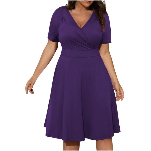 Robe Bohème Décontractée pour Femmes, Grande Taille, Col en V, Unie, Manches Courtes, Robe Évasée avec Poches