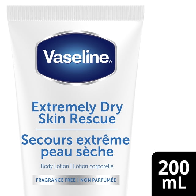 Vaseline Clinical Care Extremely Dry Skin Rescue Body Lotion in a white 200 mL tube with blue and silver logo, fragrance free, formulated to moisturize and relieve very dry skin with fast absorption.