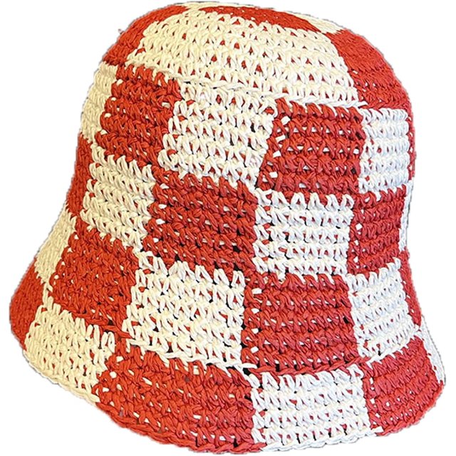 LinYooLi Chapeau Seau en Paille pour Femmes Chapeau de Pêcheur en Crochet Patchwork à Carreaux Protection Solaire Extérieur Chapeau Seau Creux pour Dames
