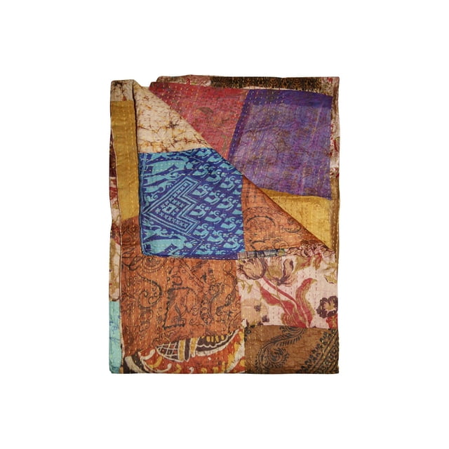 KANTHA SILK THROW BLANKET 60"X90" folded, showing colourful quilted silk patchwork squares in blue, purple, orange, yellow, and brown with traditional Indian patterns, handcrafted using quilting technique, suitable as a blanket, wall hanging, or table cover.