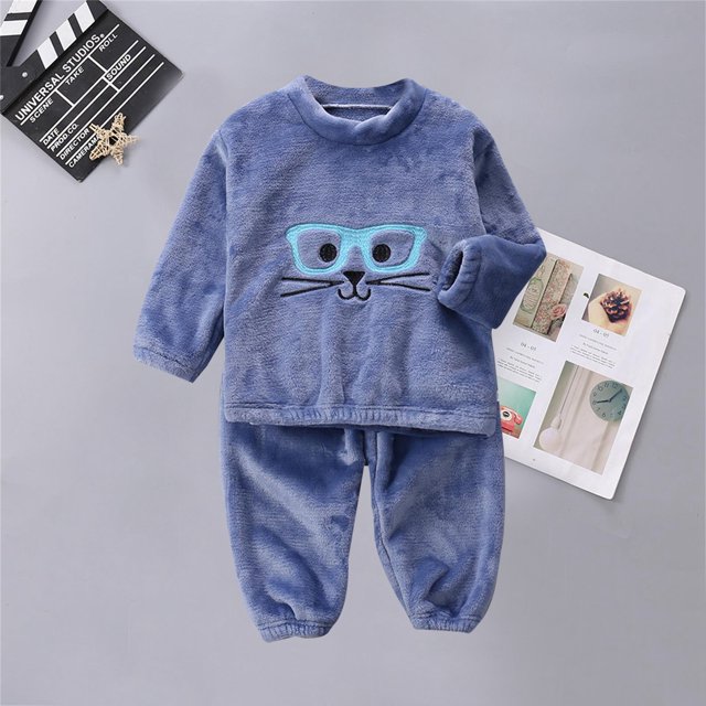Pyjamas pour Enfants Ensemble Confort à Manches Longues Col Rond Motif Dessin Animé Vêtements de Nuit pour Filles Bleu Foncé 3Y-4Y