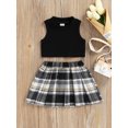thumbnail image 2 of Faithtur Toddler Girl Fashion Outfits Set, Solid Color Ribbed Sleeveless Tank Tops + Elastic Waist Contrast Color Plaid Pleated Skirt, 2 of 9