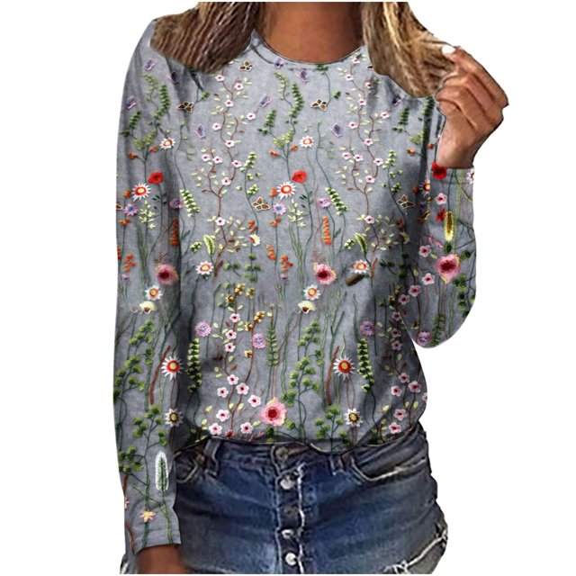 IROINNID Économies Polyester T-Shirt à Manches Longues pour Femmes, Décontracté, Ample, Col Rond, Blouse, T-Shirt à Imprimé de Noël, Hauts, Gris
