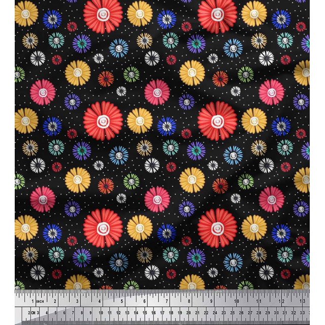 Soimoi Black polyester Crepe Fabric Dots & Aster Floral Print Sewing Fabric Yard 52 Inch Wide