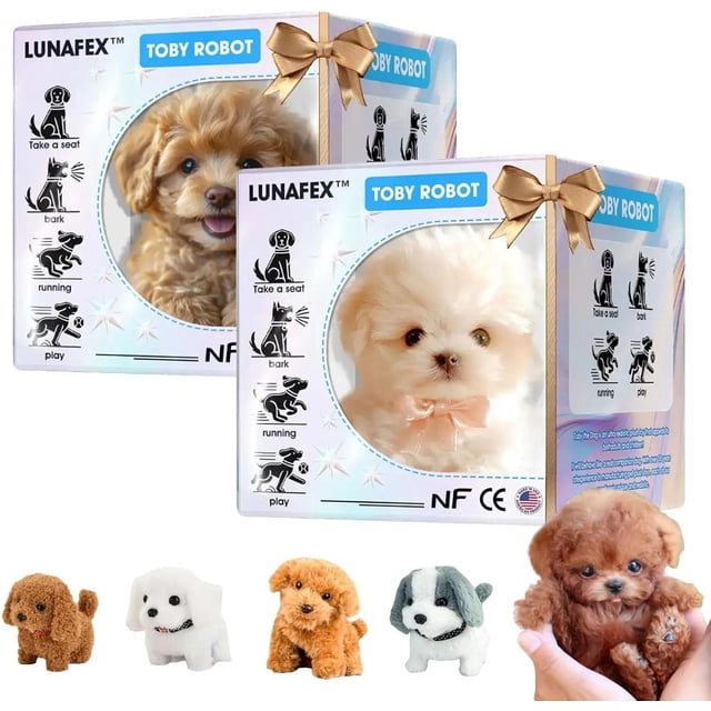 Smart Robot Dog - Robot Puppy, Nico My Realistic Robots Puppy, Robots Dogs That Acts Like a Real Dog Realistic, Electronic Interactive Plush Puppys Toy (2*K) front-facing pair of 18×16×10 cm interactive robotic puppies; soft high-density plush exterior, jointed legs, visible sensor panels, one mid-walk and one seated, compact and portable design as an interactive robotic pet often used as a travel-friendly cuddly companion.