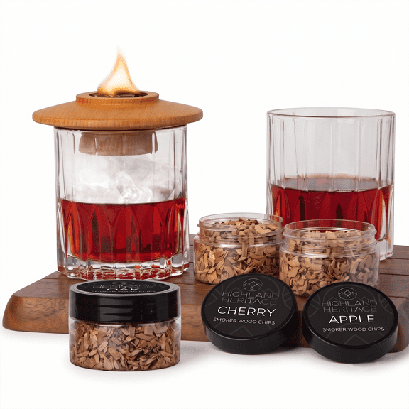 Highland Heritage Premium Whisky Smoking Kit with Smoking Lid, Wood Chips and Cocktail Smoking Accessories, 6-Piece Whisky Smoker Gift Set