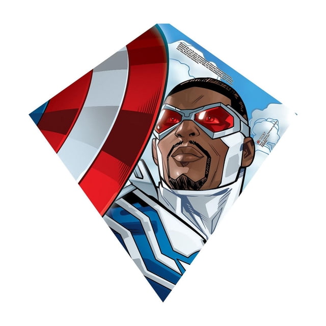 X Kites Licensed 23 Inch SkyDiamond Poly Diamond Kite featuring a comic-style superhero in a white and blue suit holding a red and white shield, set against a blue sky with clouds and a city skyline, designed for easy assembly and outdoor fun.