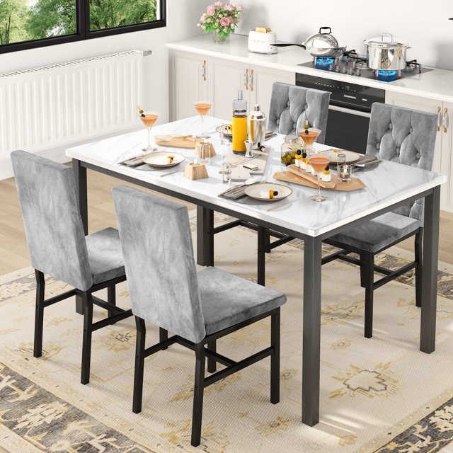 Stmoze Dining Table Set for 4, 5 Pieces Faux Marble Kitchen Table and Chairs Set, Rectangle Dining Table with 4 Velvet Dining Chairs, Space Saving Dining Room Set for Home, Apartment, White+Gray
