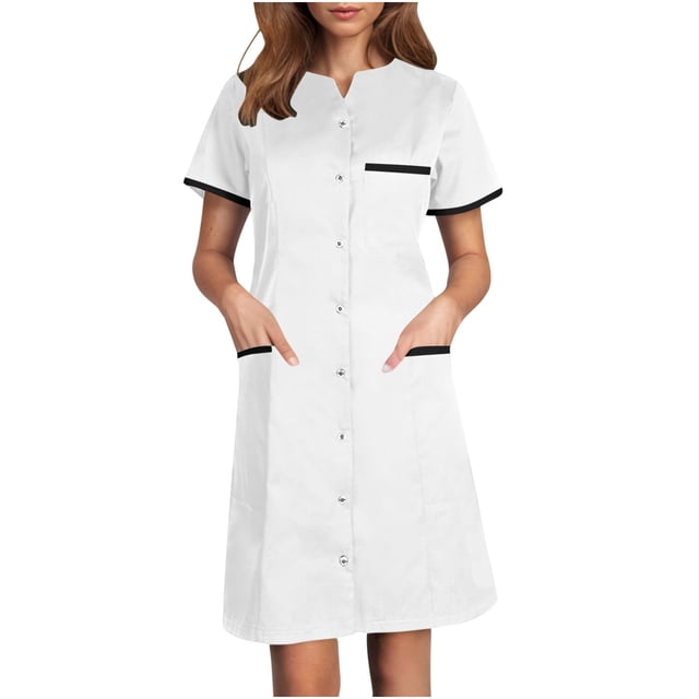 Bocqde Robe de Sarrau Femmes Infirmières Tenue de Travail Robes Manches Courtes Boutonnée Robe de Sarrau avec Poches