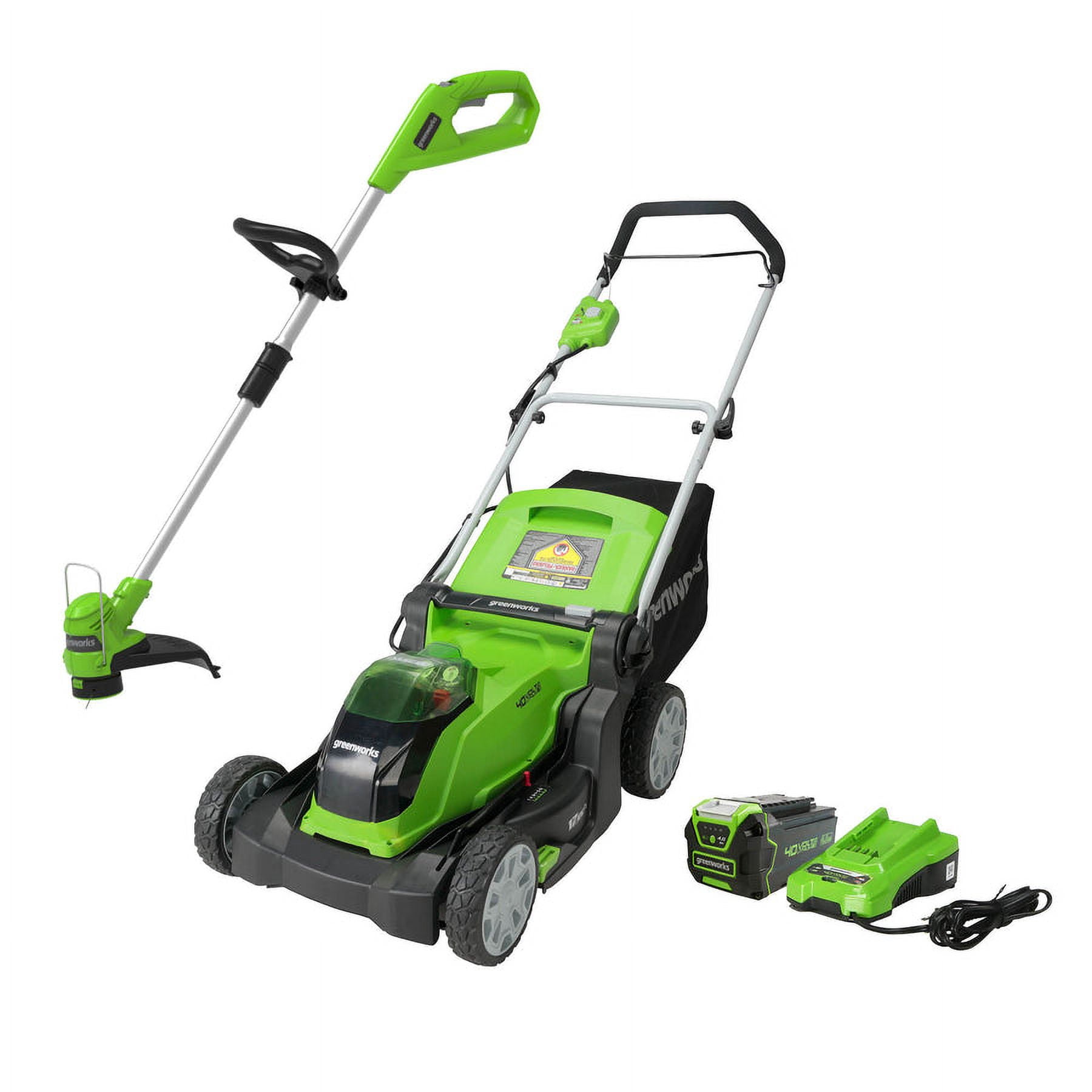 Greenworks 40V 17" Lawn Mower & 40V 12" String Trimmer Combo Kit, 4.0Ah Battery and Charger Included