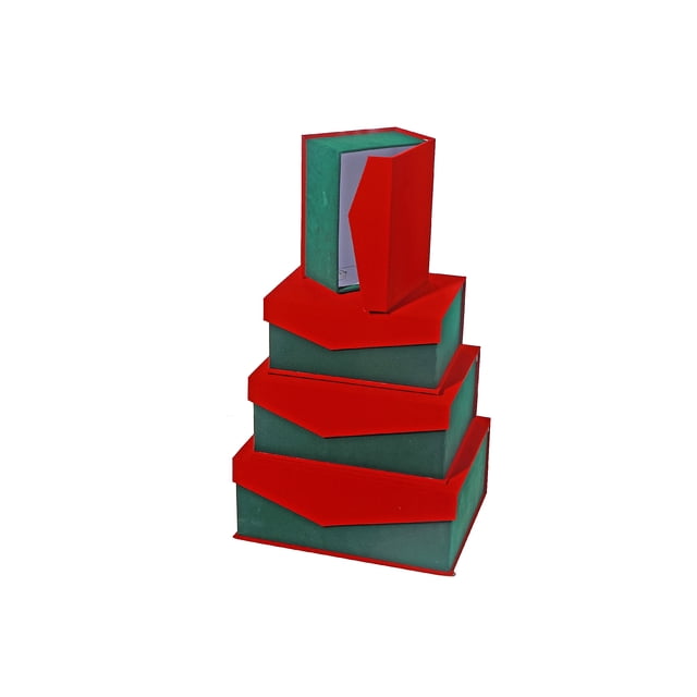 Boîtes Rect. à Couvercle Rabattable Emboîtable (Arc-en-Ciel Cadeau) Ensemble de 4 avec Corps en Papier Vert et Couvercles à Rabat Rouge Vif, Empilées du Plus Grand au Plus Petit avec le Couvercle de la Plus Petite Boîte Ouvert, Convenant à l'Emballage Cadeau Élégant, à l'Organisation de la Maison et au Rangement des Souvenirs.