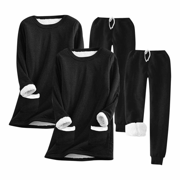 Office Outfits Set 2024 Women Fleece Sweatsuit 2 Piece Outfit Winter Warm Fleece Lined Tracksuit Solid Crewneck Sweatshirts and Sweatpants Fall Warm Set S-24 Black S