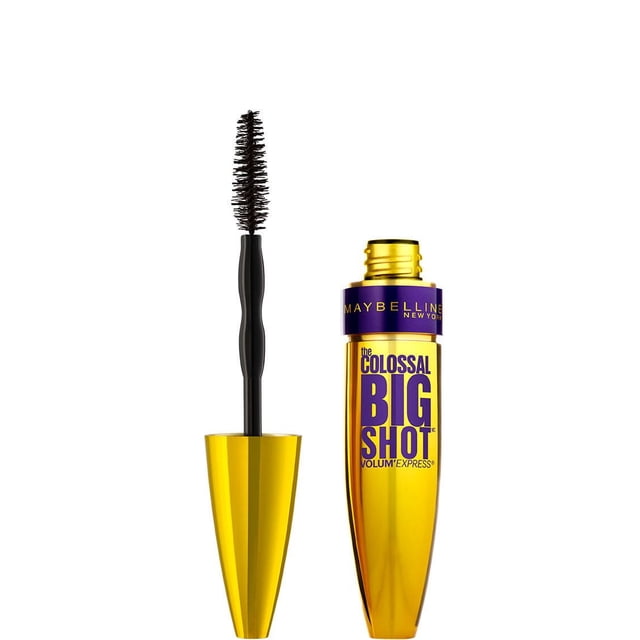 Maybelline New York Volum' Express, The Colossal Big Shot, Washable Mascara, 9.7 mL with open gold tube featuring purple branding and black wavy bristle brush designed for bold root to tip lash volume with collagen formula.