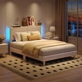 thumbnail image 2 of Bestier Queen Platform Bed with Adjustable Storage Headboard Shelf, LED Corduroy Upholstered Bed Frame, Beige, 2 of 9