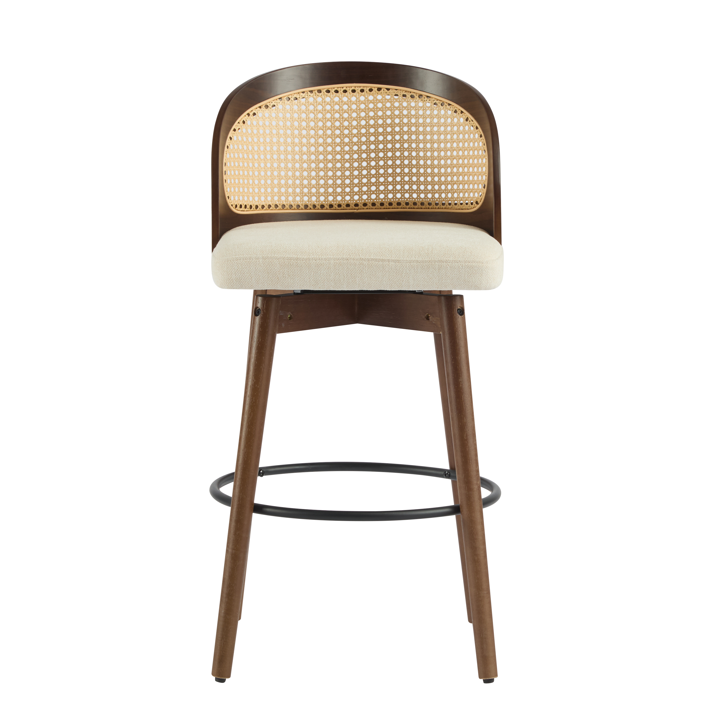 Ensemble de 4 tabourets de bar pivotants Noble House Como, dossier en rotin PE, noyer et beige