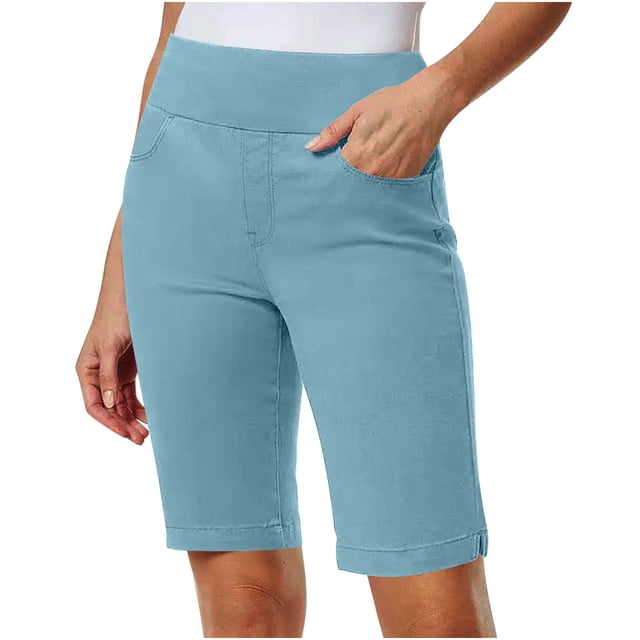Liquidation d'Économies d'Été 2025! BOVXNPU Bermudas pour Femmes Grande Taille, Shorts en Sergé Extensible Longueur Genou pour Femmes, Bermudas de Randonnée Réguliers en Sergé Extensible Uni à Taille Fine à Enfiler avec Poches