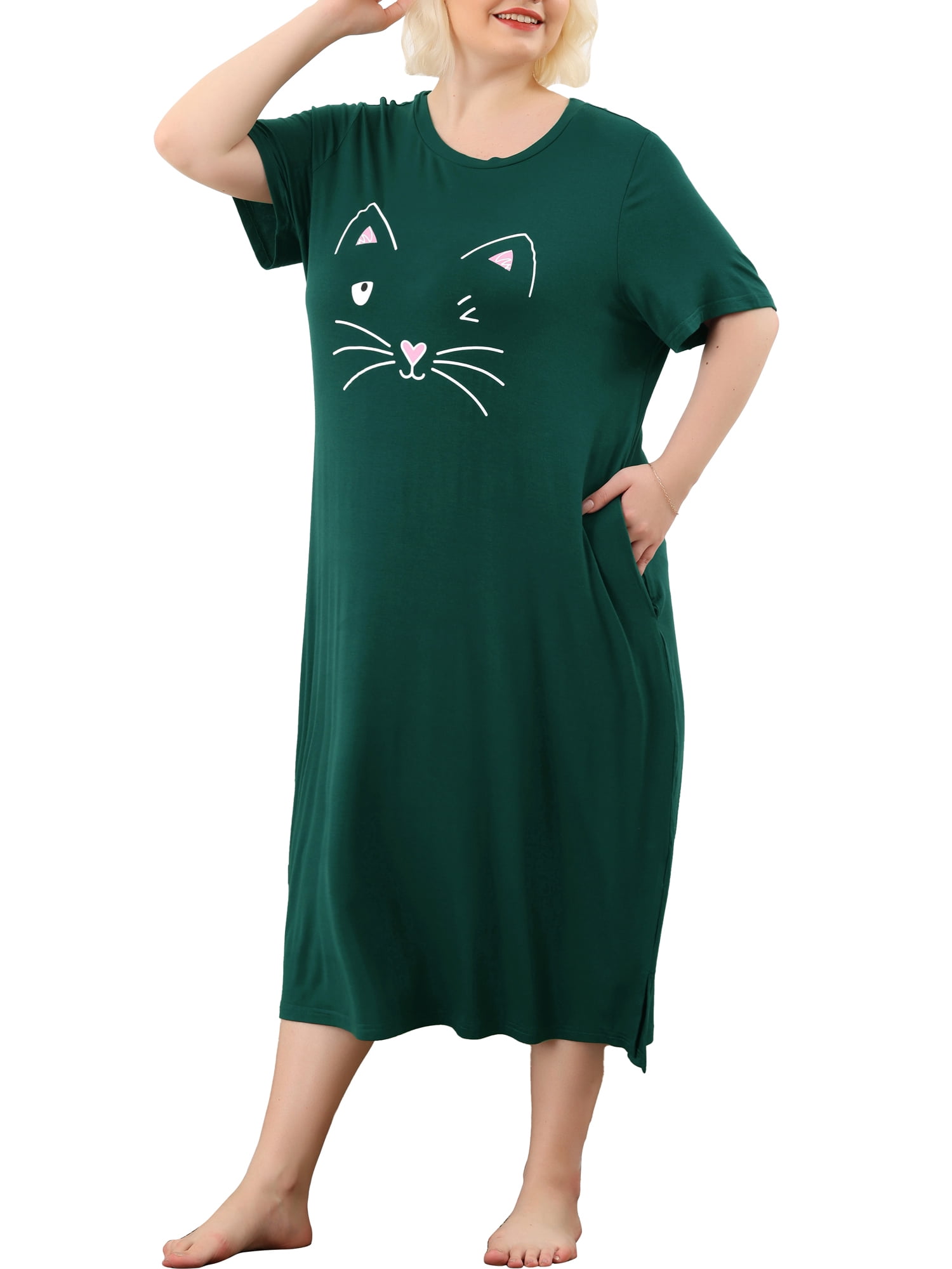Agnes Orinda Nuisettes pour Femmes Grande Taille Fête des Mères Col Rond Manches Courtes Robe de Nuit Imprimé Chats Pyjamas Détente Maison avec Poche 4X Vert Foncé