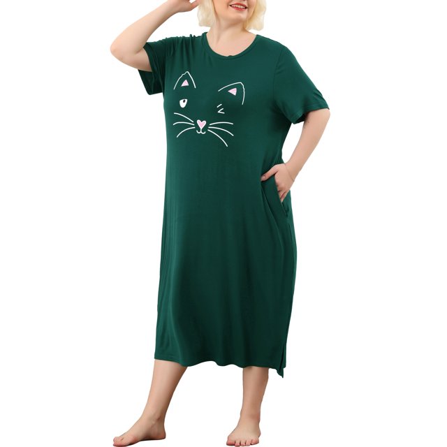 Agnes Orinda Nuisettes pour Femmes Grande Taille Fête des Mères Col Rond Manches Courtes Robe de Nuit Imprimé Chats Pyjamas Détente Maison avec Poche 3X Vert Foncé