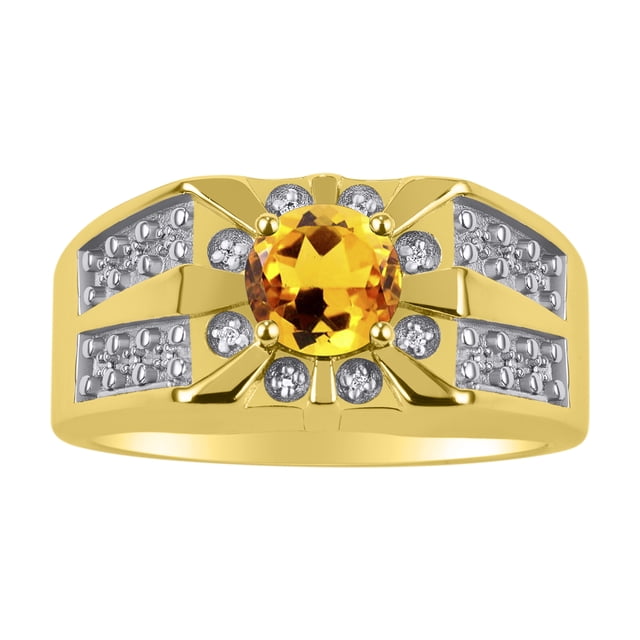 RYLOS Men's Rings 14K Yellow Gold Designer Starburst 7MM Round Gemstone & Diamond Ring Citrine November Birthstone Rings Size 8