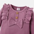 thumbnail image 3 of PatPat Baby Girls Outfits Sets, Infant Clothes 3pcs Baby Girl Solid Cotton Ribbed Ruffle Trim Bow Front Long-sleeve Romper and Pants with Headband Set, 3 of 6