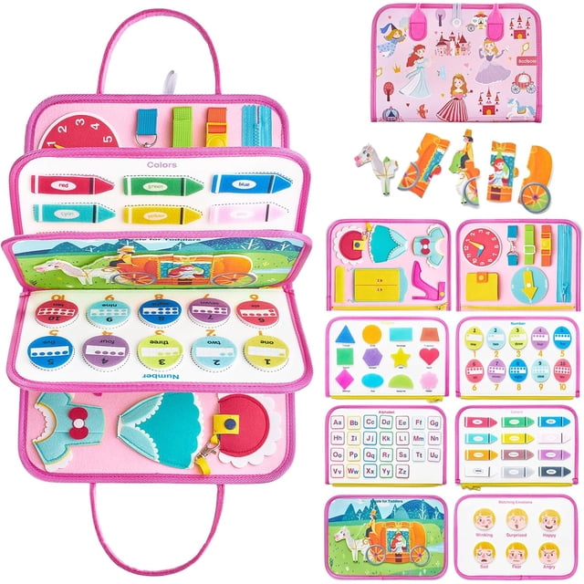 LivinVeluris Montessori Busy Board for Toddlers in a pink princess design, featuring 8 interactive pages with zippers, buttons, shoelaces, belts, a clock, calendar, shape matching, number threading, hook-and-loop letters, and an animal jigsaw puzzle. This educational toy promotes sensory learning, fine motor skill development, and cognitive growth for children aged 1-3 years. Made from soft, durable fabric with vibrant colors and a carry handle, it is ideal for travel or use as an activity gym.