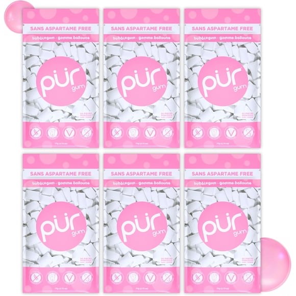 PUR Gum, Bubblegum, Aspartame Free, Sugar Free & 100% Xylitol Chewing Gum, 55 Pieces, Pack of 6