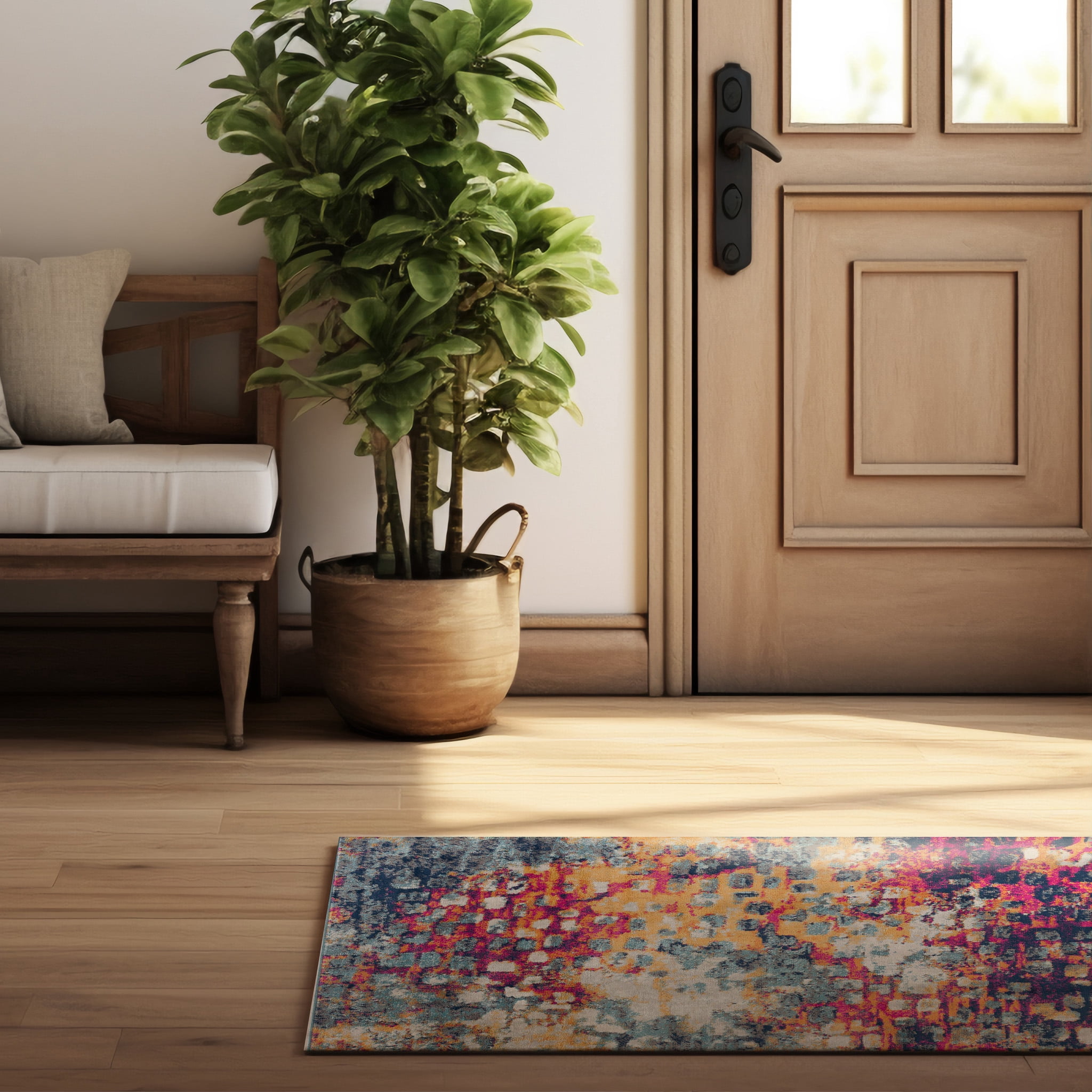 Tapis d'intérieur bohème Branch Savannah 2' x 2' (taille exacte : 2'3" x 2'), jaune et bleu, motif abstrait - Entrée, couloir, salle de bain et cuisine