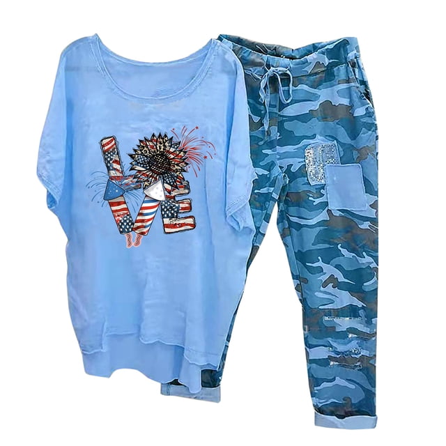 Mikilon Ensemble de Détente Confortable pour Femmes 2 Pcs Imprimé Décontracté Manches Moyennes Col Rond + Pantalon Bleu-F TP