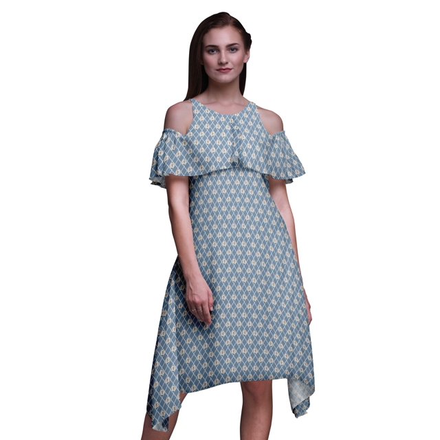 Bimba Blue Floral Printed Womens Cold Shoulder Tunic Party Round Neck Shift Dress - Large
